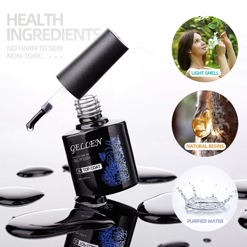 GELLEN Gel Top Coat and Base Coat, 2Pcs No Wipe Gel Nail Polish, Soak Off Nail Lamp Clear Base Top Coat Long Lasting Finish Nail Art Design Home Gel Manicure Kit - Image 2